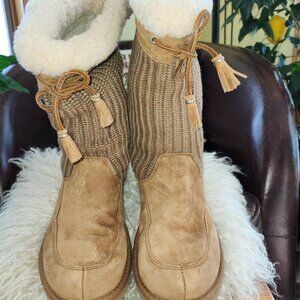 25063. EUC!!! UGG SUBURB Chestnut Brown Suede, Sweater & Sherpa Tall Boots Sz 9